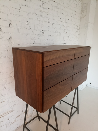 Wooden dresser with metal legs